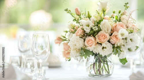 Beautifully arranged floral centerpiece on a wedding table, with clean background for copy space