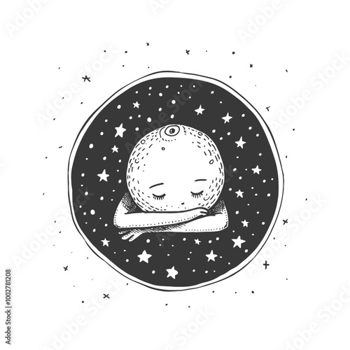 A Black and White Illustration of a Sleeping Moon with Stars