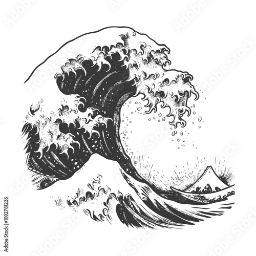 A black and white illustration of a large wave crashing over a mountain