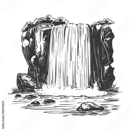 A Black and White Illustration of a Waterfall Cascade