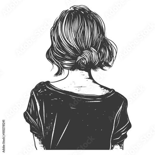 A Black and White Illustration of a Womans Back and Hair in a Bun