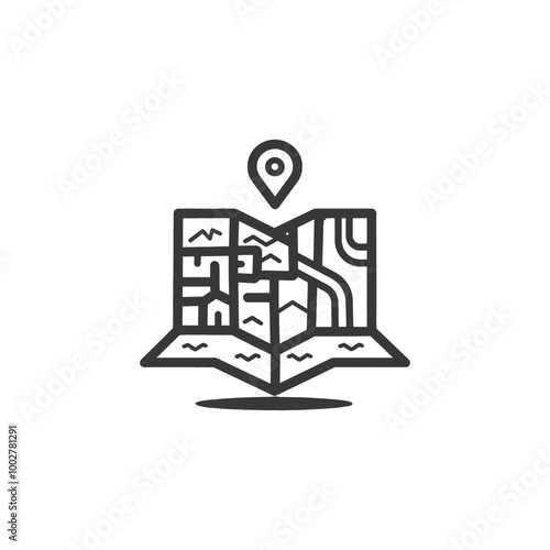 A black and white line art illustration of a map with a pin on top