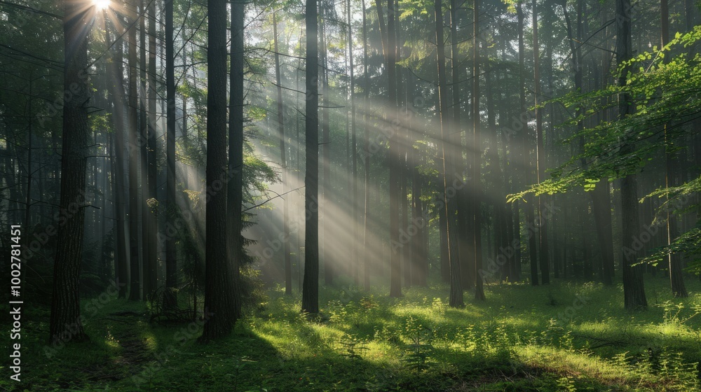 Obraz premium Sunbeams in a Misty Forest