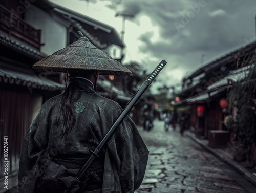 A lone warrior walks through ancient Japans autumn streets, admiring the architecture and leaves