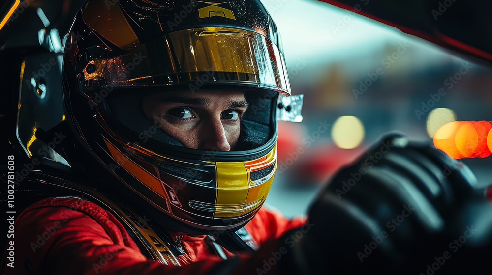 Focused Formula 1 Driver Ready for Race in Cockpit at Twilight - Anticipation and Intensity Focused Formula 1 Driver Ready for Race in Cockpit at Twilight - Anticipation and Intensity