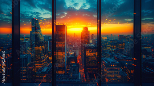 Dramatic Cityscape Sunset from High-Rise Office Building with Modern Skyscrapers and Urban Business District Illuminated at Dusk