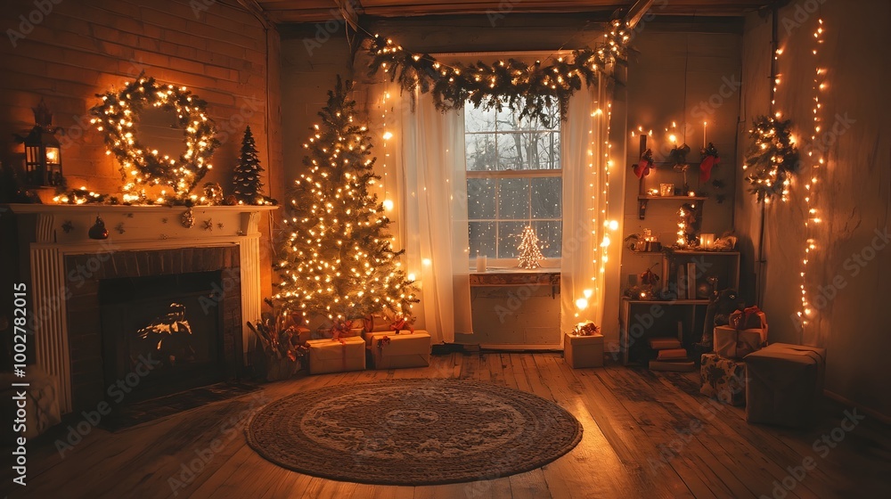 Obraz premium Festive and cozy Christmas holiday home decor setup featuring a rustic fireplace twinkling string lights lush greenery garlands and a beautifully decorated Christmas tree