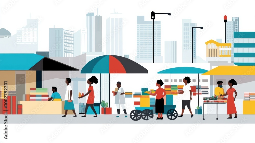 Naklejka premium Vibrant Market Scene with Diverse People Engaging in Trade