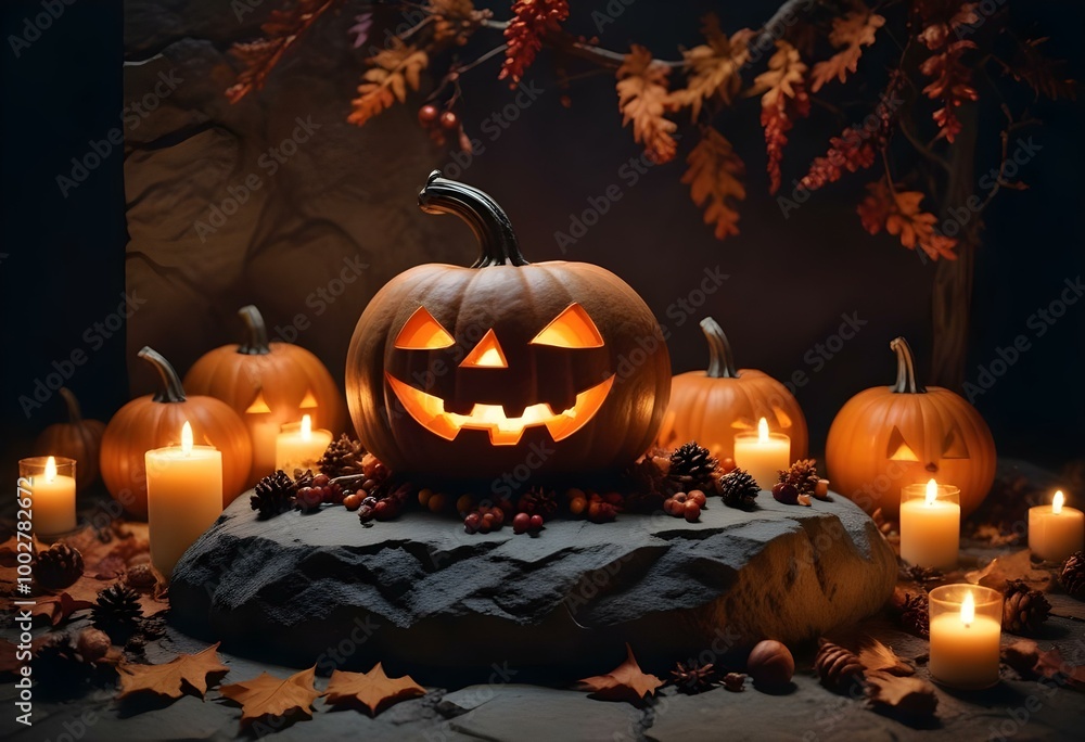 Fototapeta premium A dark and moody Halloween scene with a carved pumpkin, lit candles, and various autumn decorations