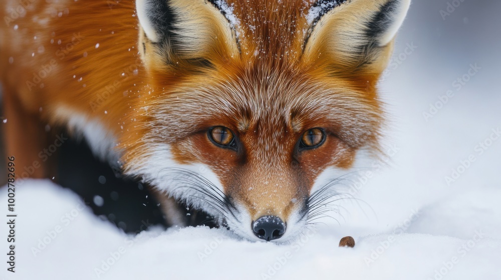 Obraz premium Red Fox in Snowy Landscape Captured Close-Up