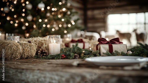 A rustic table is adorned with Christmas presents wrapped in festive paper, surrounded by warm candles and evergreen branches beneath a glowing tree. photo