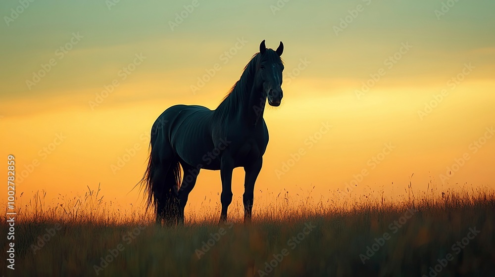 A black stallion standing tall on a hilltop, silhouetted against the fading light of dusk A black stallion standing tall on a hilltop, silhouetted against the fading light of dusk