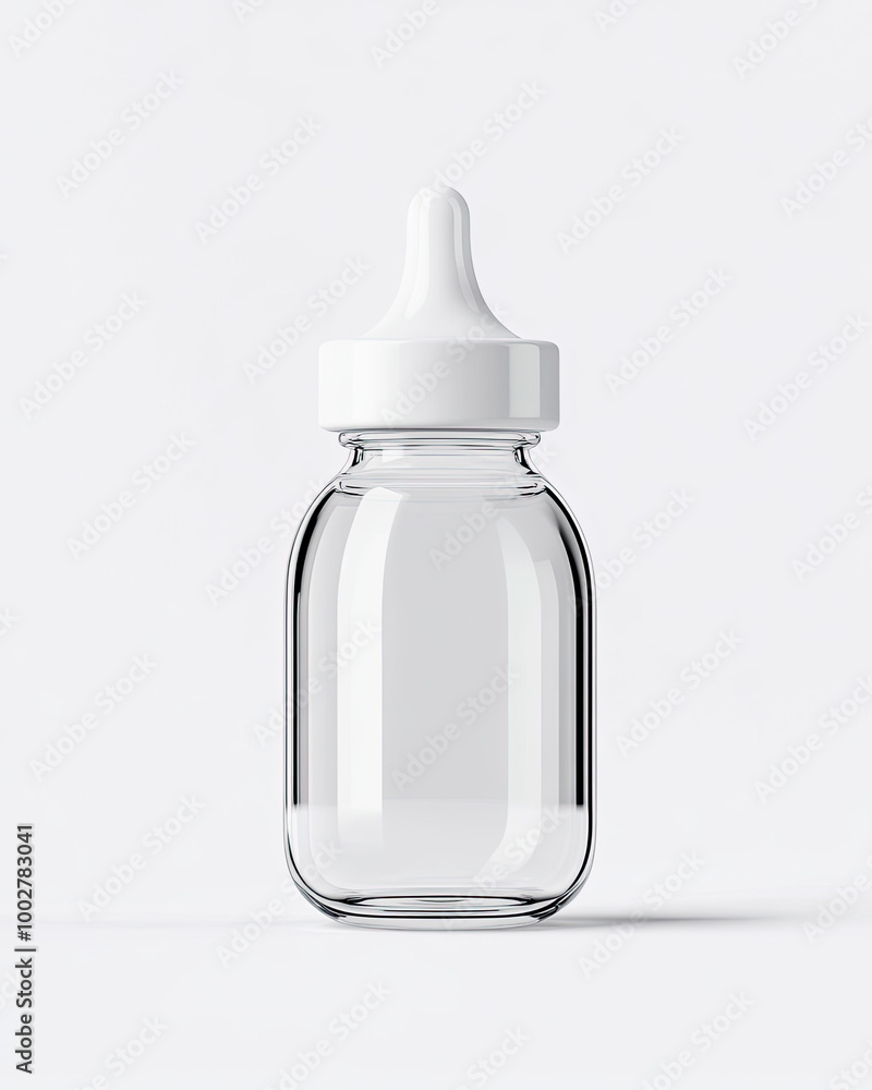 Empty glass baby bottle with a white cap on white background Empty glass baby bottle with a white cap on white background