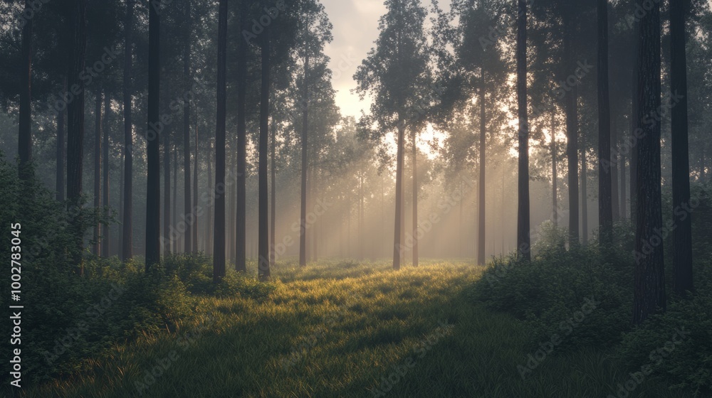 A peaceful forest at dawn, with diffused light softly filtering through the mist A peaceful forest at dawn, with diffused light softly filtering through the mist
