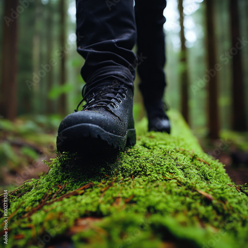 Person hiking on a mossy log in a lush forest environment.