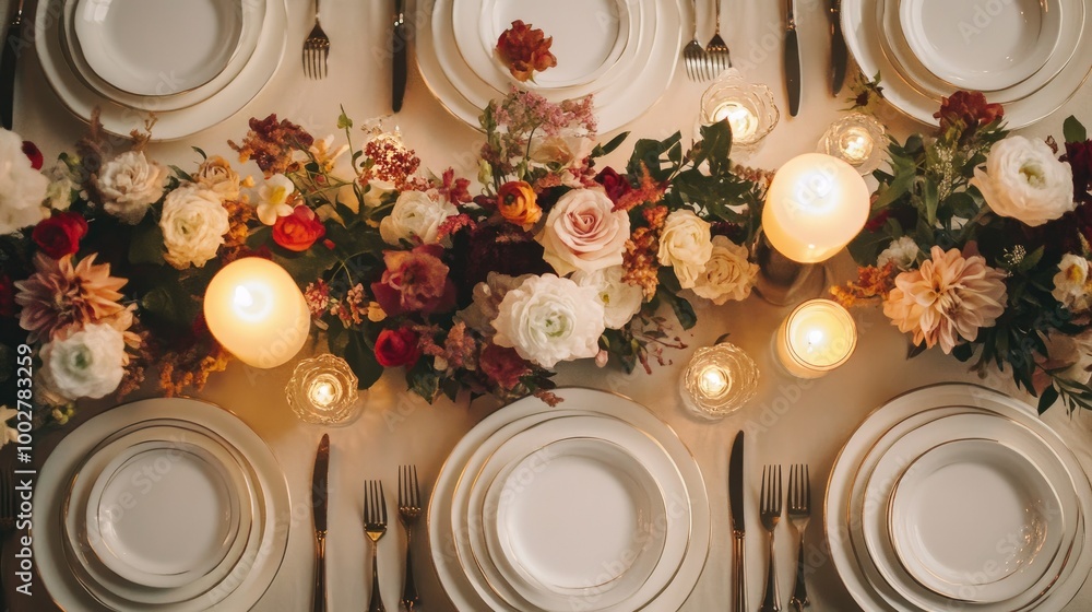 Elegant wedding table setting with white plates, candles, and flowers, with room for text Elegant wedding table setting with white plates, candles, and flowers, with room for text