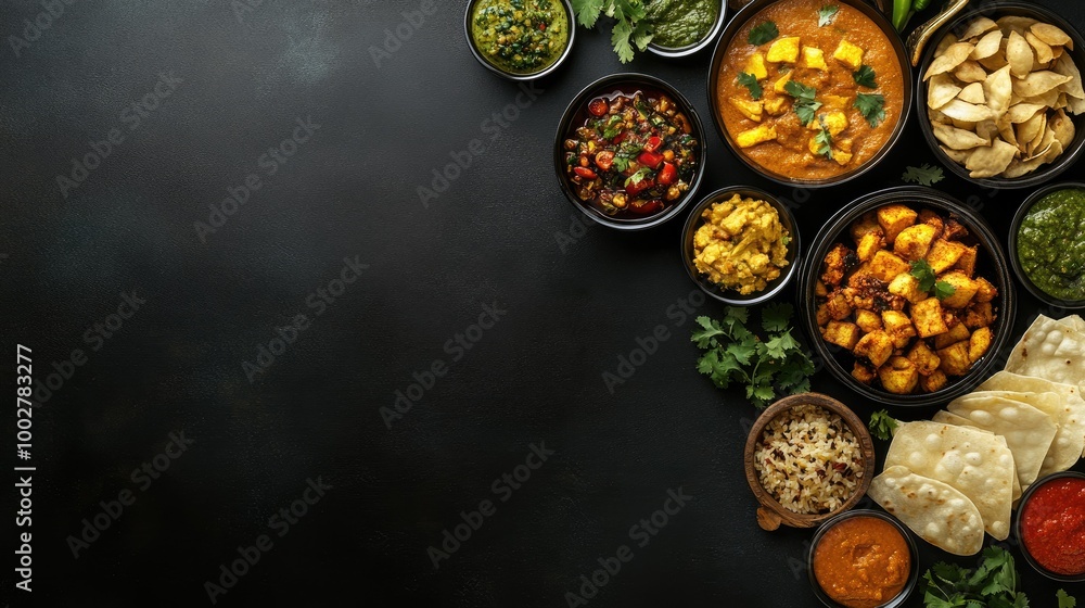 Flat lay of Indian food with different side dishes, arranged neatly with clear space for text Flat lay of Indian food with different side dishes, arranged neatly with clear space for text