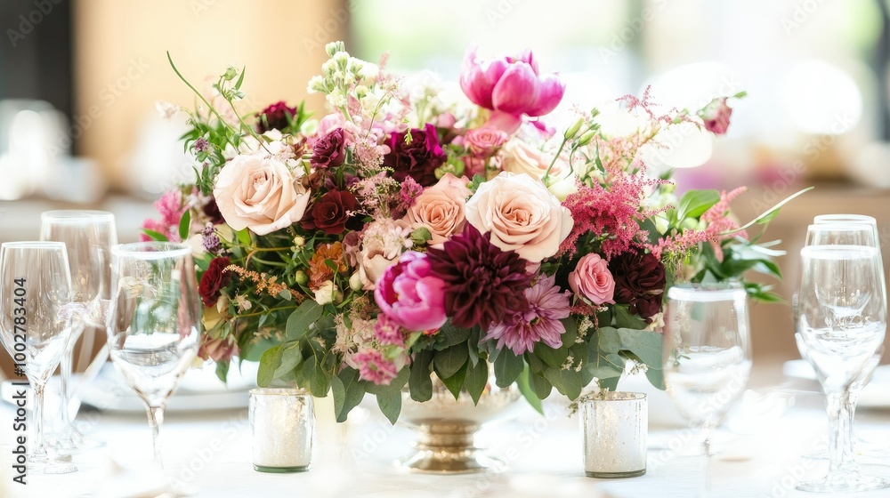 Floral arrangements on a wedding reception table, with space for a message or branding Floral arrangements on a wedding reception table, with space for a message or branding