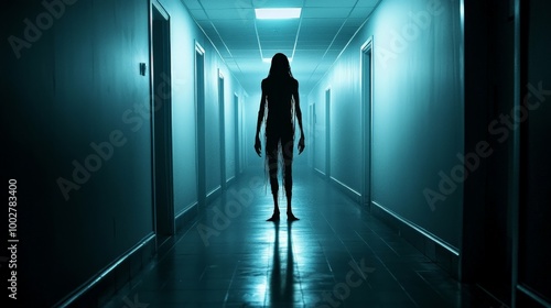 Wallpaper Mural A faint ghostly silhouette standing at the end of a dimly lit hallway, barely visible but emanating an eerie presence Torontodigital.ca