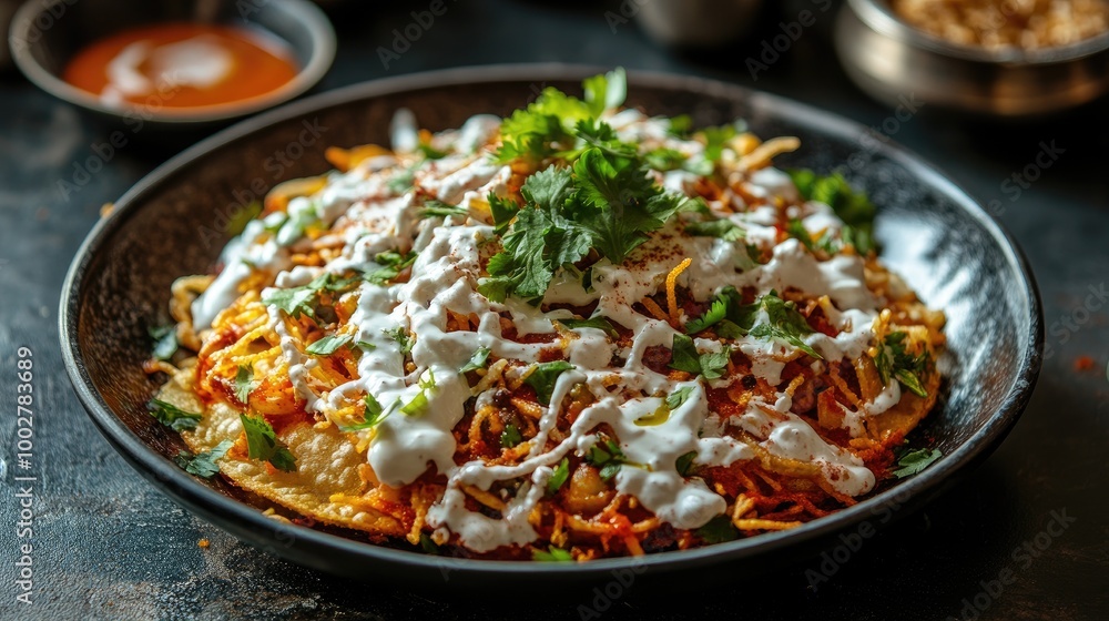 A beautifully arranged plate of papri chaat, drizzled with yogurt, tamarind, and mint chutneys, topped with sev and garnished with fresh coriander leaves. A beautifully arranged plate of papri chaat, drizzled with yogurt, tamarind, and mint chutneys, topped with sev and garnished with fresh coriander leaves.