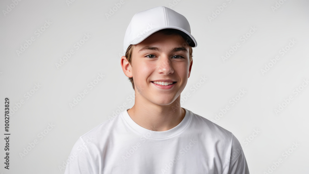 Teenage boy wearing white t-shirt and white baseball cap isolated on grey background Teenage boy wearing white t-shirt and white baseball cap isolated on grey background