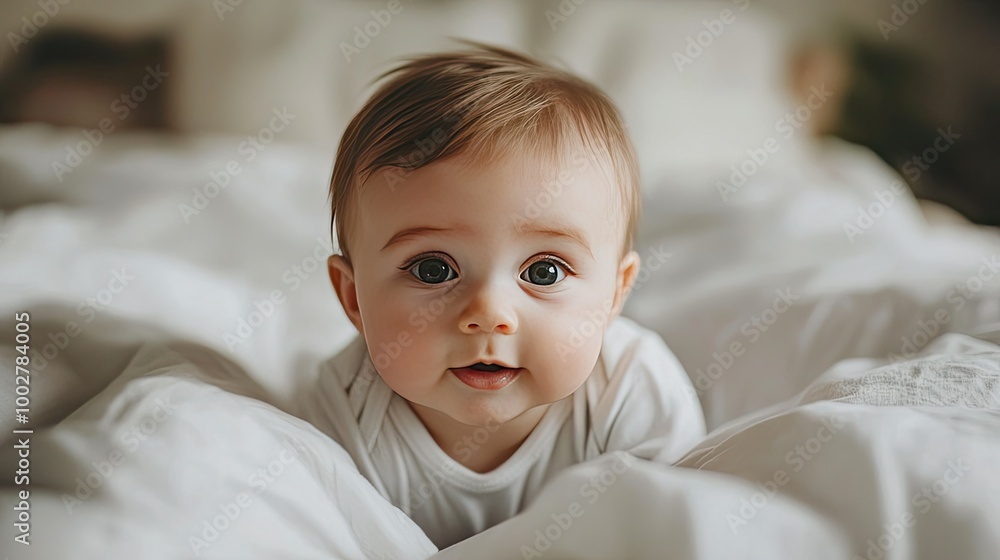 Tiny newborn baby with gentle features lying on the bed, with clear space around for text Tiny newborn baby with gentle features lying on the bed, with clear space around for text