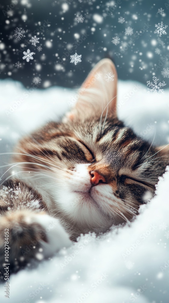Sleeping cat in snow, winter serenity concept Sleeping cat in snow, winter serenity concept