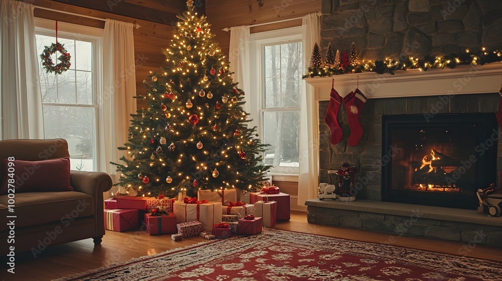 Cozy and Warm Christmas Tree Scene with Festive Fireplace in Inviting Living Room Ready for Holiday Gathering Cozy and Warm Christmas Tree Scene with Festive Fireplace in Inviting Living Room Ready for Holiday Gathering