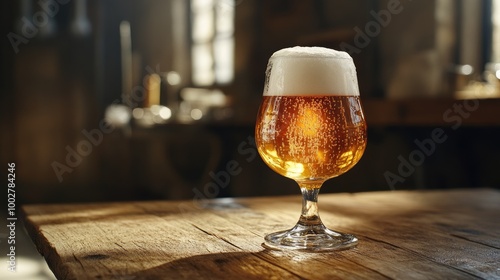 A beautifully crafted glass of golden beer with a frothy head, sitting on a wooden table with a rustic background, inviting viewers to enjoy a refreshing drink.