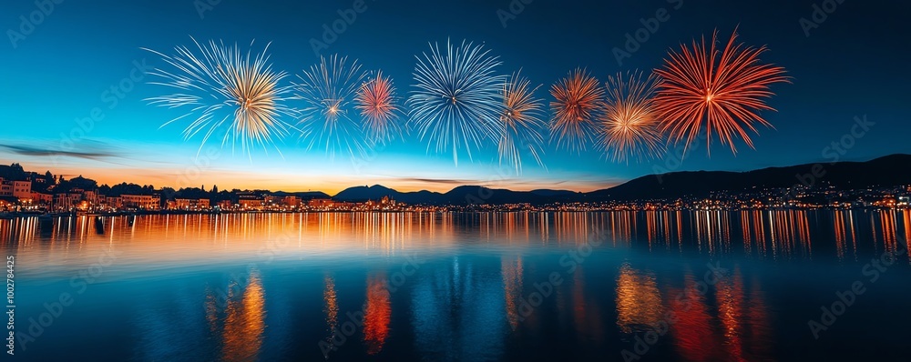 Night fireworks bursting above a lake, reflecting vivid colors on the water, Lake Firework Explosion Night, Serene yet festive Night fireworks bursting above a lake, reflecting vivid colors on the water, Lake Firework Explosion Night, Serene yet festive