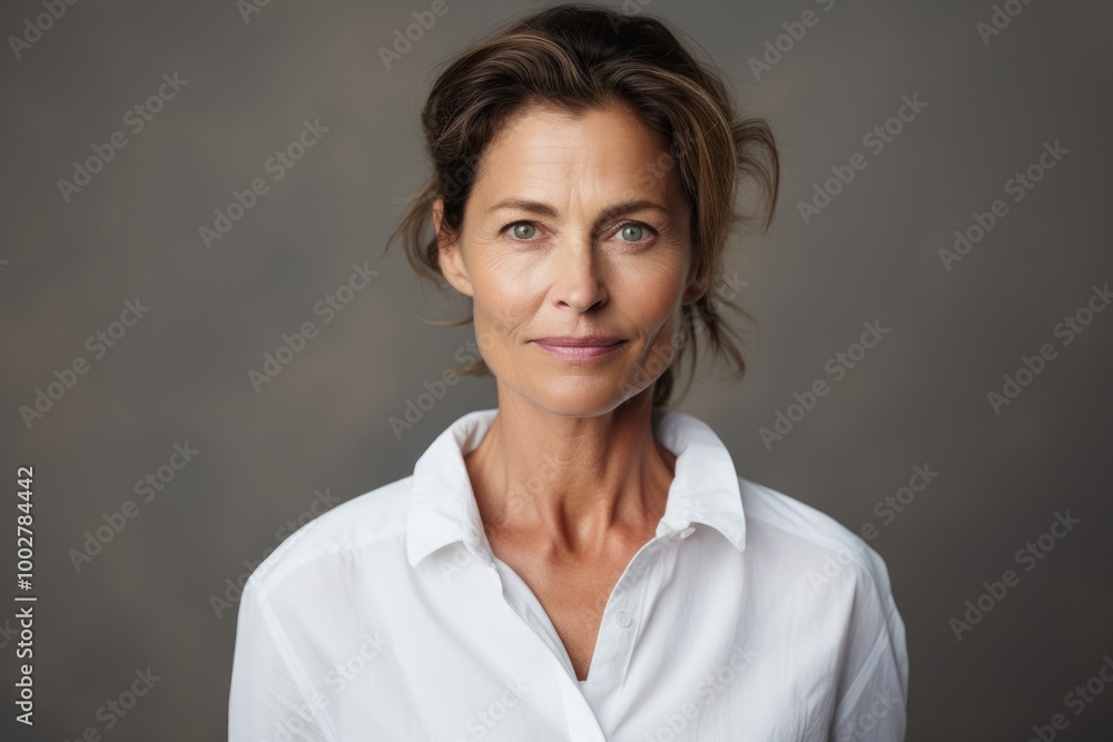 Portrait of a tender woman in her 50s wearing a classic white shirt in blank studio backdrop Portrait of a tender woman in her 50s wearing a classic white shirt in blank studio backdrop