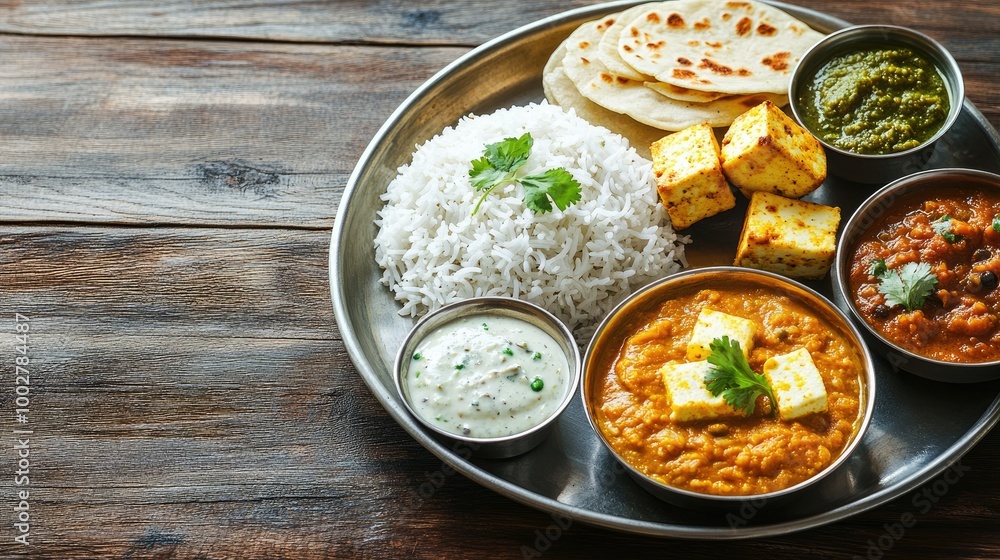 Vegetarian Indian platter with paneer, dal, rice, and roti, with ample space for text or description Vegetarian Indian platter with paneer, dal, rice, and roti, with ample space for text or description