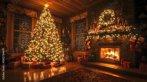 Cozy and Festive Christmas Tree Scene with Glowing Lights Sparkling Ornaments and Decorative Accents in a Warm and Inviting Rustic Living Room Interior