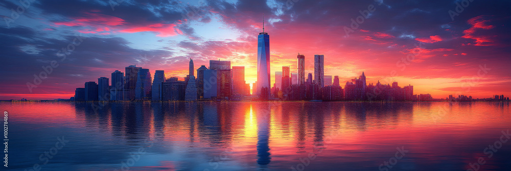 Fototapeta premium Cityscape silhouette with a vibrant sunset.