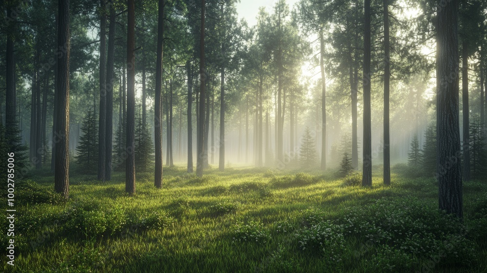 A serene forest scene at daybreak, with light mist hovering over the ground and soft light filtering through the trees A serene forest scene at daybreak, with light mist hovering over the ground and soft light filtering through the trees