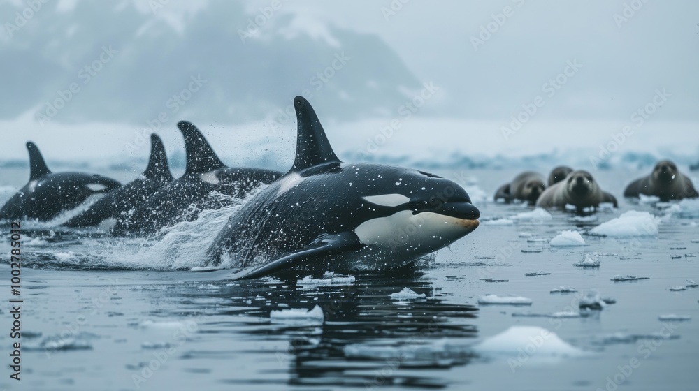 Fototapeta premium Orcas Swimming Through Icy Waters with Seals Nearby