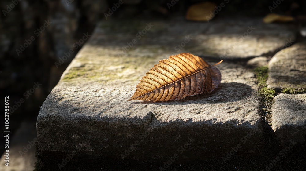 A Single Leaf Resting on a Stone Path, Bathed in the Warm Glow of the Autumn Sun. A Single Leaf Resting on a Stone Path, Bathed in the Warm Glow of the Autumn Sun.