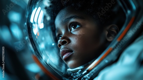 A focused child clad in an astronaut suit peers intently through the helmet inside a spacecraft, capturing a sense of adventure, curiosity, and future aspirations. photo