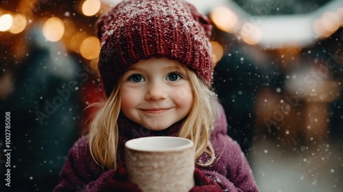 A smiling girl in a maroon hat and coat holds a warm beverage while snow falls lightly, creating a cozy and festive atmosphere amidst blurred lights in the background.