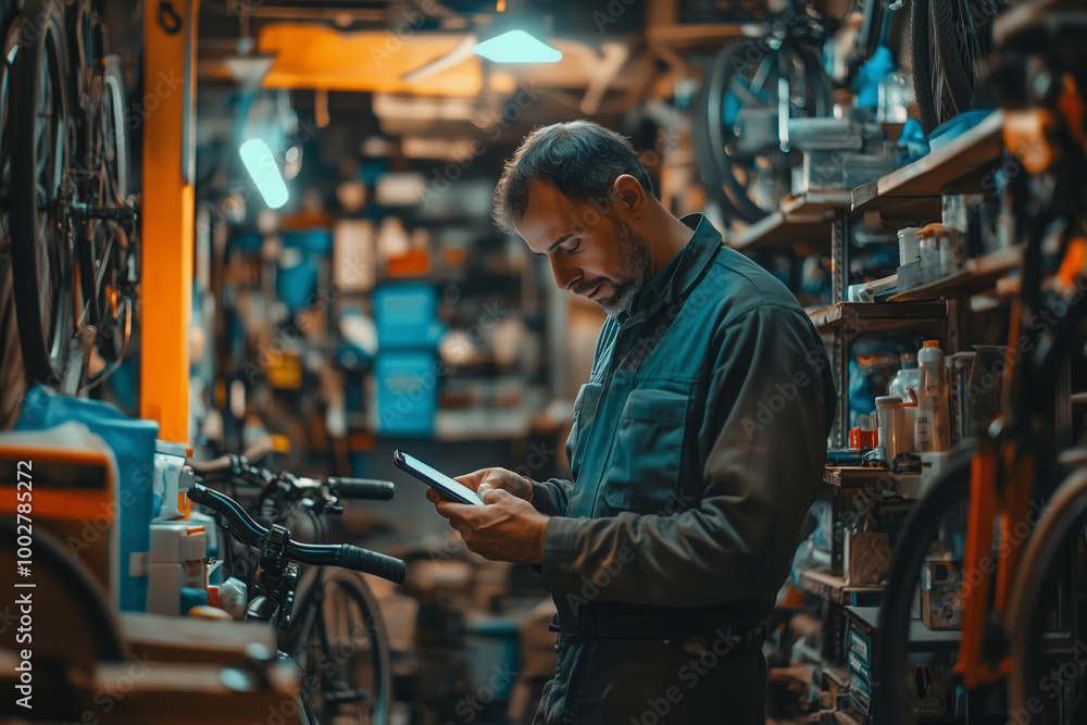 A man in a workshop checks his phone while surrounded by bicycles and tools in a small garage setting during evening hours A man in a workshop checks his phone while surrounded by bicycles and tools in a small garage setting during evening hours