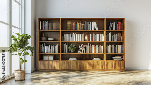 Fototapeta Naklejka Na Ścianę i Meble -  a modern living room interior design with a wooden bookcase cabinet and a white wall background