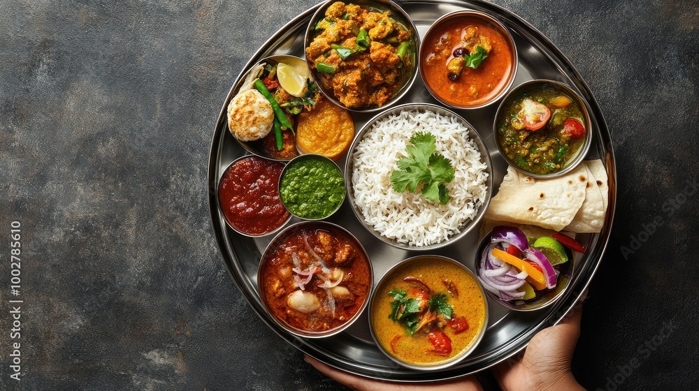 A beautifully plated South Indian thali, with rasam in a small bowl, surrounded by curries, rice, and chutneys, offering a complete and flavorful meal. A beautifully plated South Indian thali, with rasam in a small bowl, surrounded by curries, rice, and chutneys, offering a complete and flavorful meal.