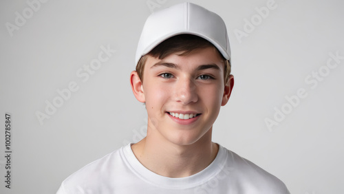 Teenage boy wearing white t-shirt and white baseball cap isolated on grey background