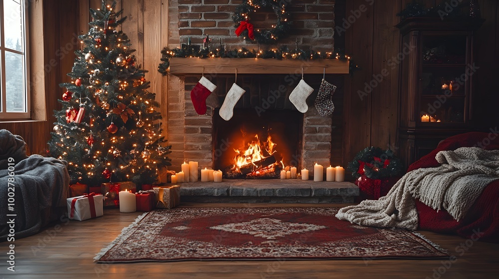 Cozy and Inviting Christmas Scene with a Warm Fireplace Beautifully Decorated Christmas Tree and Soft Plush Furnishings Perfect for Intimate Holiday Gatherings Cozy and Inviting Christmas Scene with a Warm Fireplace Beautifully Decorated Christmas Tree and Soft Plush Furnishings Perfect for Intimate Holiday Gatherings