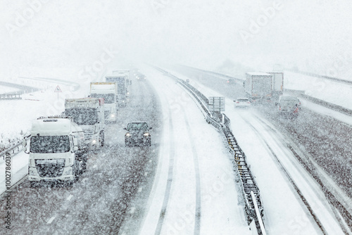 Road traffic on the A13-A131-E5-E46 interchange motorway and snowstorm, Bourneville, near Pont-Audemer, mid-way between Le Havre and Rouen, Normandy, France