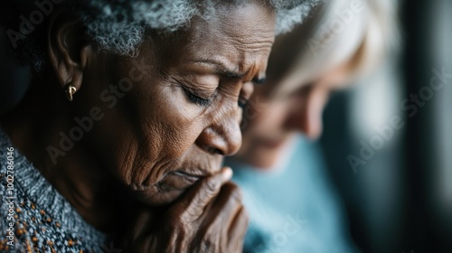 The image captures an elderly woman with closed eyes and folded hands, deep in thought, portraying themes of reflection, wisdom, and grace in a serene setting.