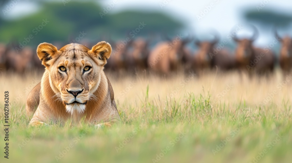 Fototapeta premium Lioness Stalking Prey in African Savanna Environment