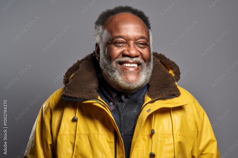 Portrait of a grinning afro-american man in his 60s wearing a warm parka on blank studio backdrop Portrait of a grinning afro-american man in his 60s wearing a warm parka on blank studio backdrop