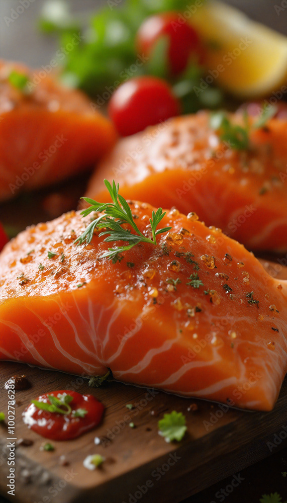 A close up of a piece of salmon on a cutting board. A close up of a piece of salmon on a cutting board.