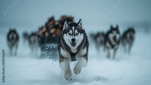 A pack of Huskies in motion, rushing through the fresh snow while pulling a loaded sled, exemplifying speed, coordination, and the relentless spirit of winter. photo